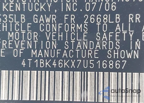 2007 Toyota Camry Xle V6 z USA, uszkodzony, nr VIN 4T1BK46KX7U516867